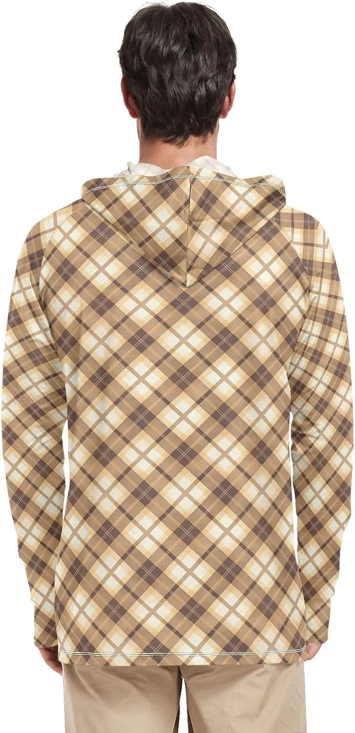 Gingham Sun Shirt Hoodie for Men Long Sleeve Sun Shirt with Hood UPF 50  Cooling Hoodies Rash Guard Hooded