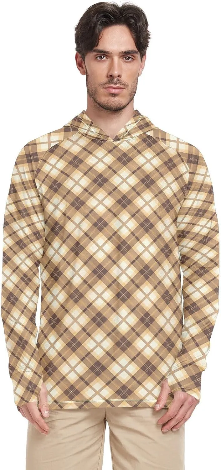 Gingham Sun Shirt Hoodie for Men Long Sleeve Sun Shirt with Hood UPF 50  Cooling Hoodies Rash Guard Hooded