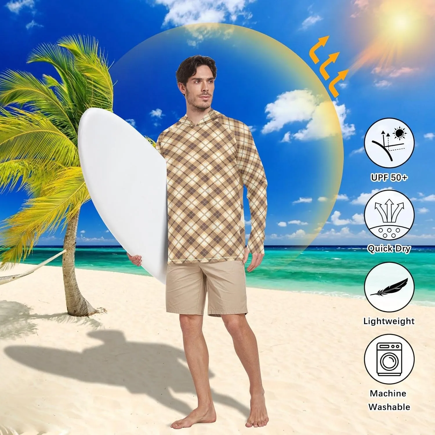 Gingham Sun Shirt Hoodie for Men Long Sleeve Sun Shirt with Hood UPF 50  Cooling Hoodies Rash Guard Hooded