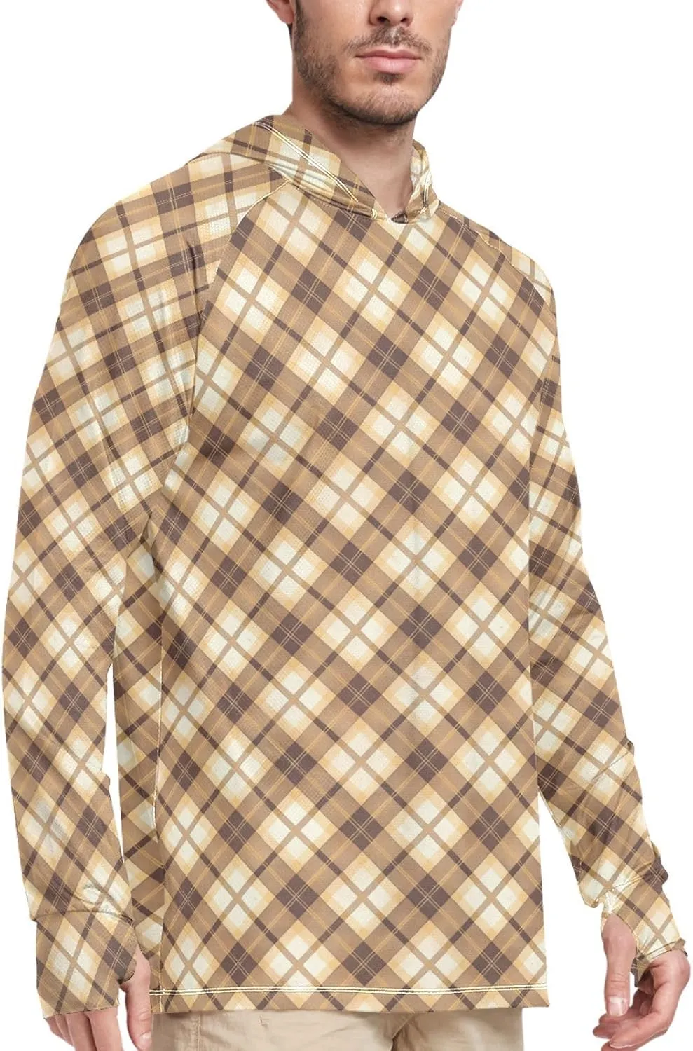 Gingham Sun Shirt Hoodie for Men Long Sleeve Sun Shirt with Hood UPF 50  Cooling Hoodies Rash Guard Hooded