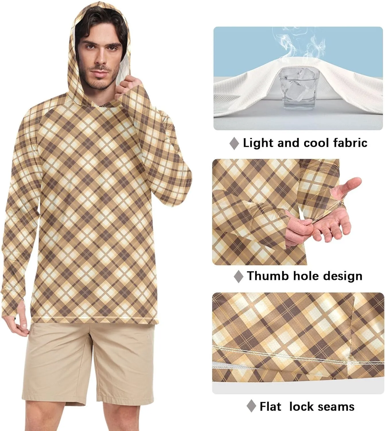 Gingham Sun Shirt Hoodie for Men Long Sleeve Sun Shirt with Hood UPF 50  Cooling Hoodies Rash Guard Hooded