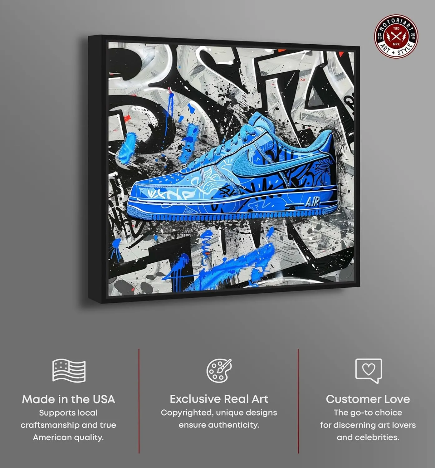 Graffiti Fabric Sneaker Canvas Urban Art Prints by Notoriart, Black Frame, 20" x 20"