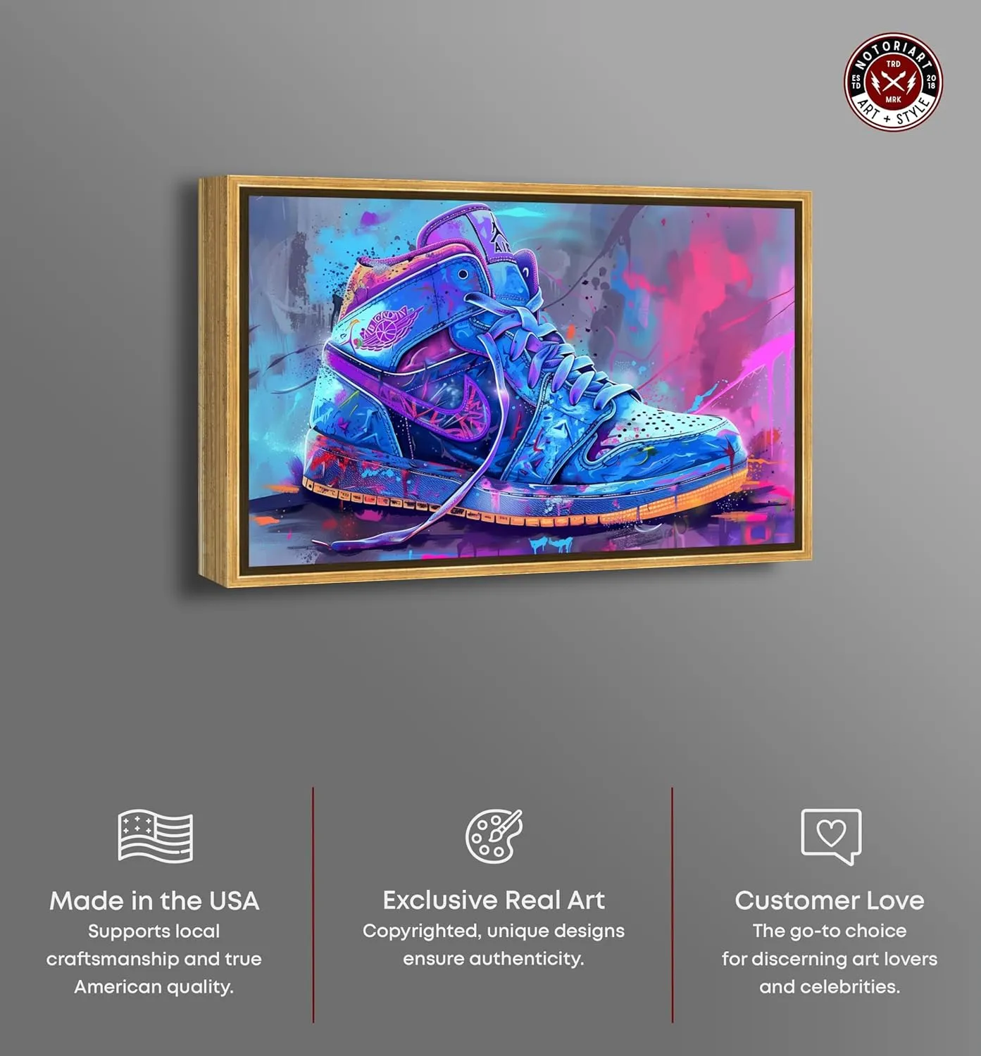 Graffiti Sneaker Urban Style Canvas Wall Art by Notoriart, Gold Floater Frame, 24"x16"