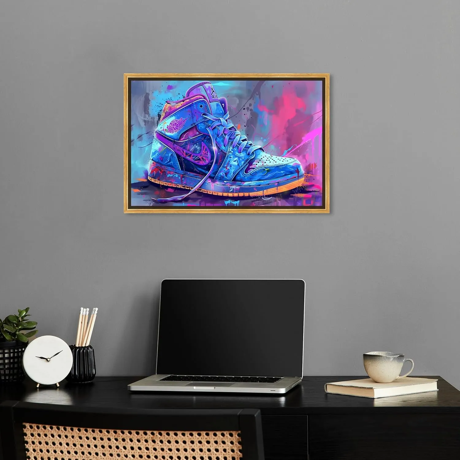 Graffiti Sneaker Urban Style Canvas Wall Art by Notoriart, Gold Floater Frame, 24"x16"