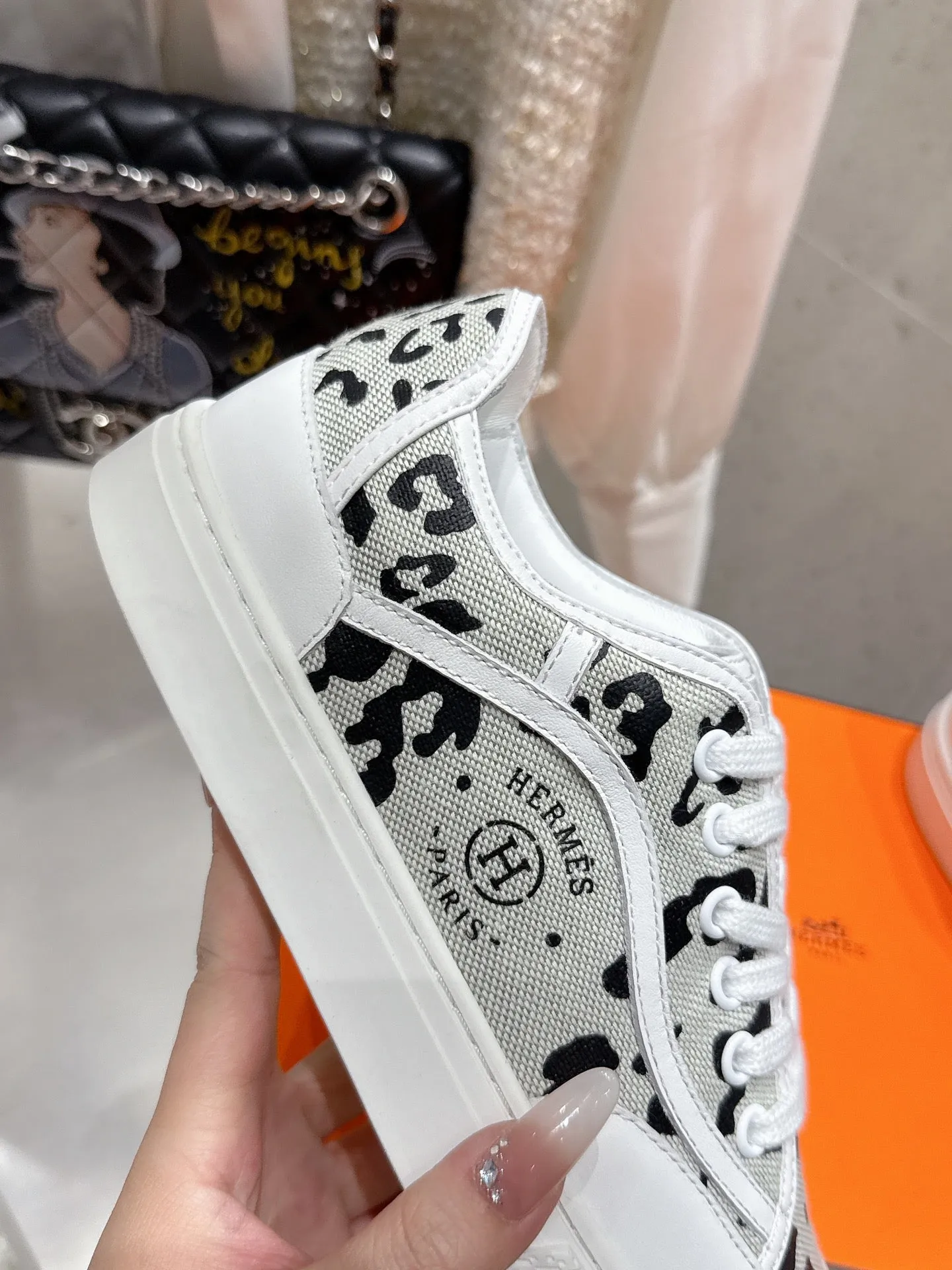 HM Get Sneaker Blanc Prunoir Canvas and Calfskin 204766