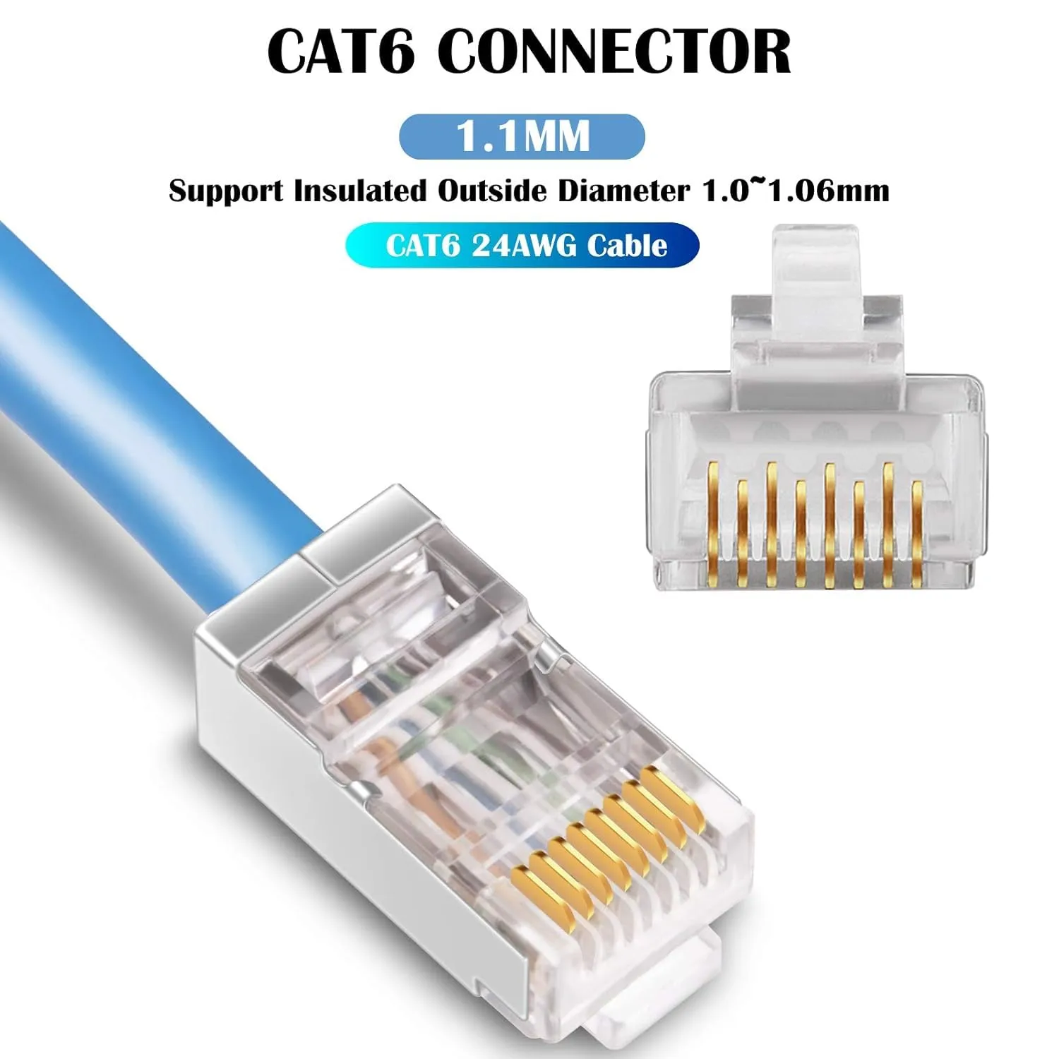 iGreely Shielded Cat6 RJ45 Connectors 100 Pack Gold Plated RJ45 Cat6/Cat5E/Cat5 8P8C 50 Micron 50u 3 Prong FTP STP Ethernet Cable Crimp Modular Plug