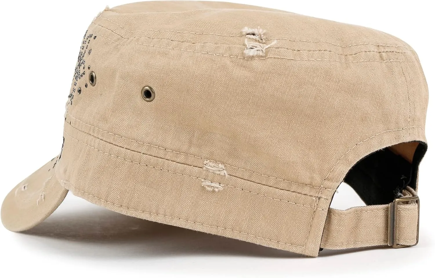 ililily Rhinestone Cotton Cadet Cap Vintage Distressed Cotton Military Army Hat