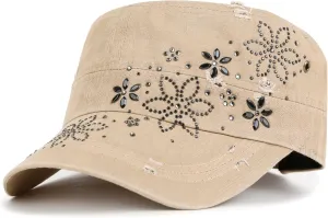 ililily Rhinestone Cotton Cadet Cap Vintage Distressed Cotton Military Army Hat