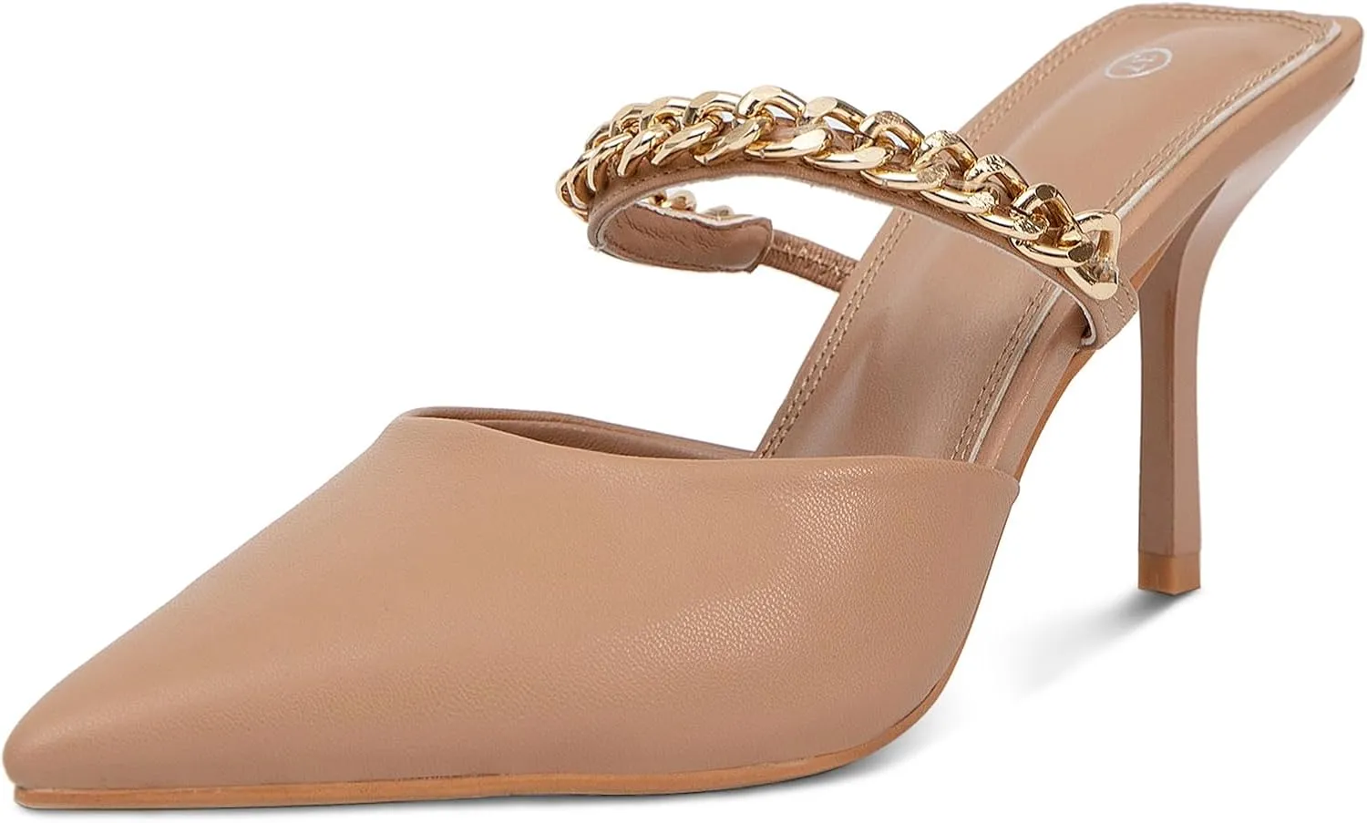 Jeesay Women's Pointed Toe Mules Stilettos Heels Sandals Slip on Gold Chains Mary Jane Dress Pumps