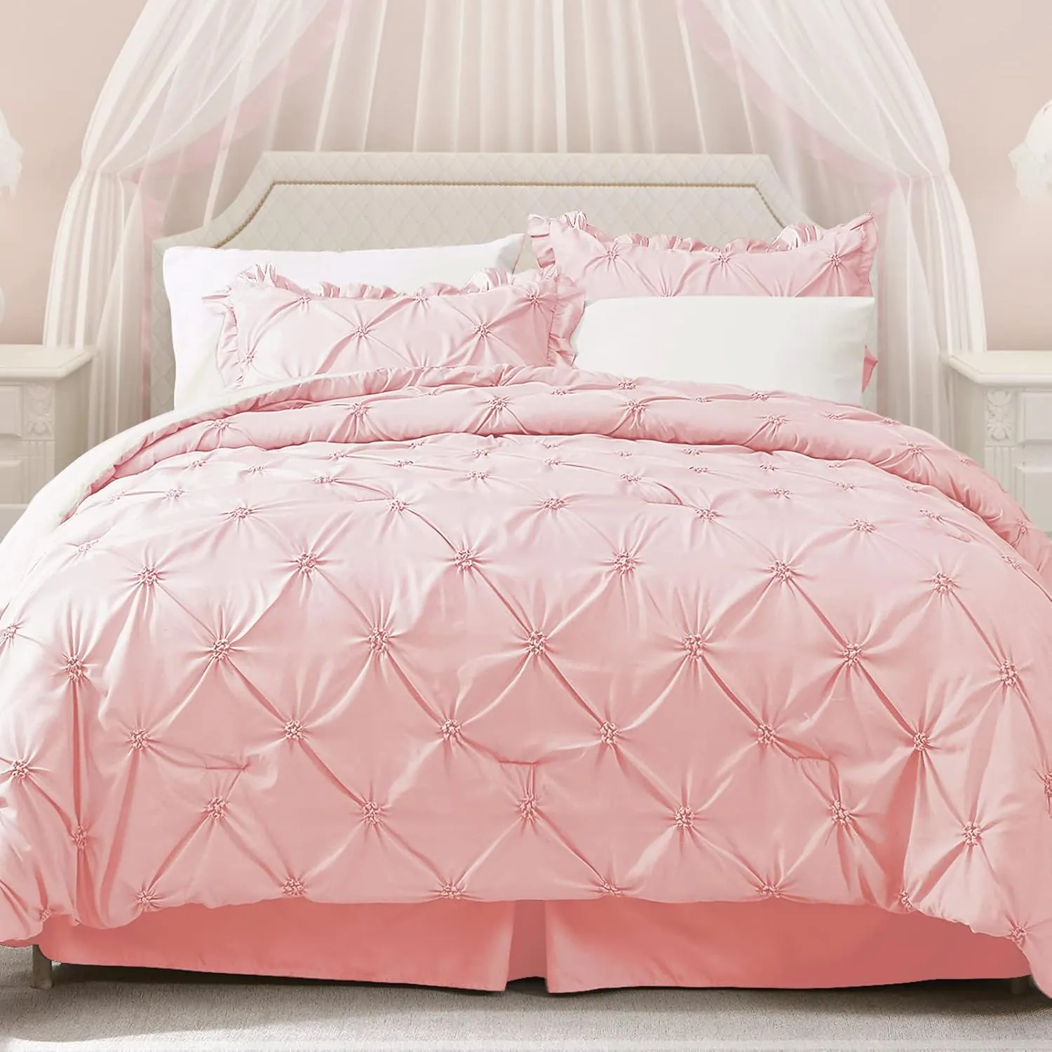 JOLLYVOGUE King Size Comforter Set 7 Pieces, Pink/Ivory Bed in a Bag Comforter Set for Bedroom, Beddding Sets with Comforter, Sheets,Ruffled Shams & Pillowcases