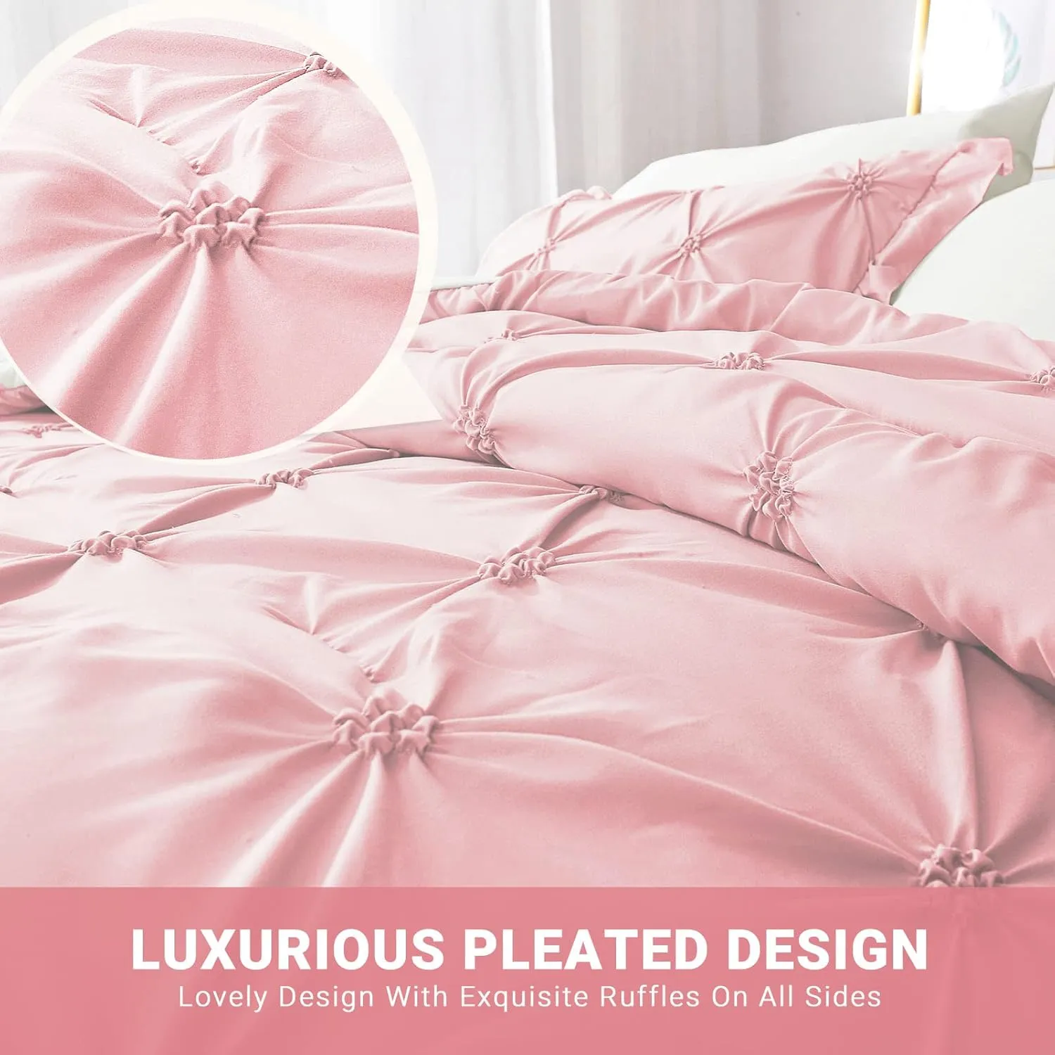 JOLLYVOGUE King Size Comforter Set 7 Pieces, Pink/Ivory Bed in a Bag Comforter Set for Bedroom, Beddding Sets with Comforter, Sheets,Ruffled Shams & Pillowcases
