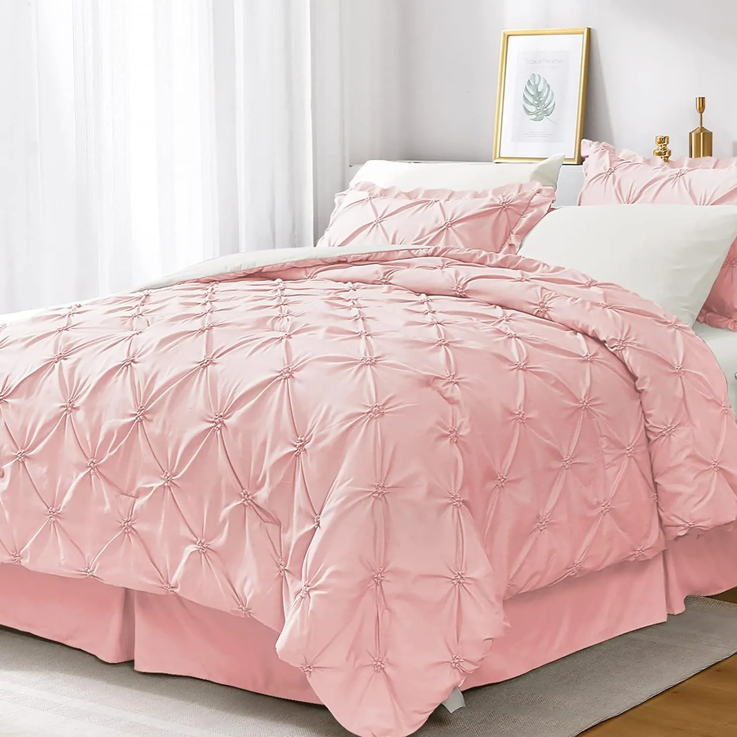JOLLYVOGUE King Size Comforter Set 7 Pieces, Pink/Ivory Bed in a Bag Comforter Set for Bedroom, Beddding Sets with Comforter, Sheets,Ruffled Shams & Pillowcases