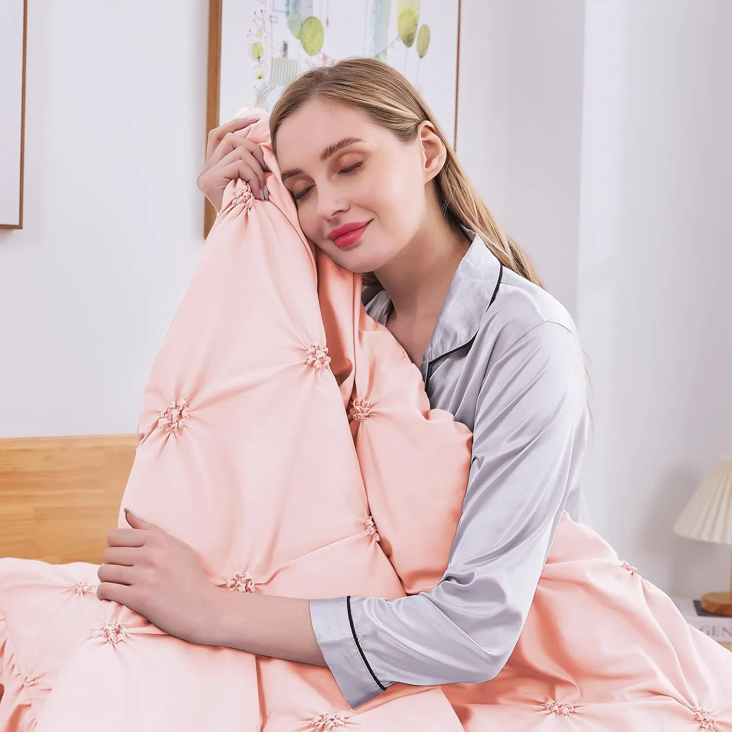 JOLLYVOGUE King Size Comforter Set 7 Pieces, Pink/Ivory Bed in a Bag Comforter Set for Bedroom, Beddding Sets with Comforter, Sheets,Ruffled Shams & Pillowcases