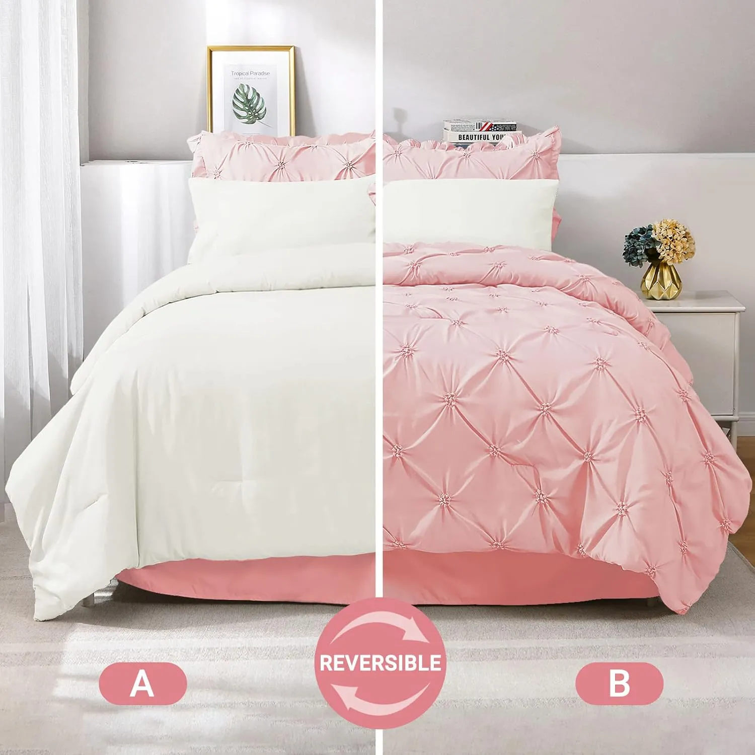 JOLLYVOGUE King Size Comforter Set 7 Pieces, Pink/Ivory Bed in a Bag Comforter Set for Bedroom, Beddding Sets with Comforter, Sheets,Ruffled Shams & Pillowcases