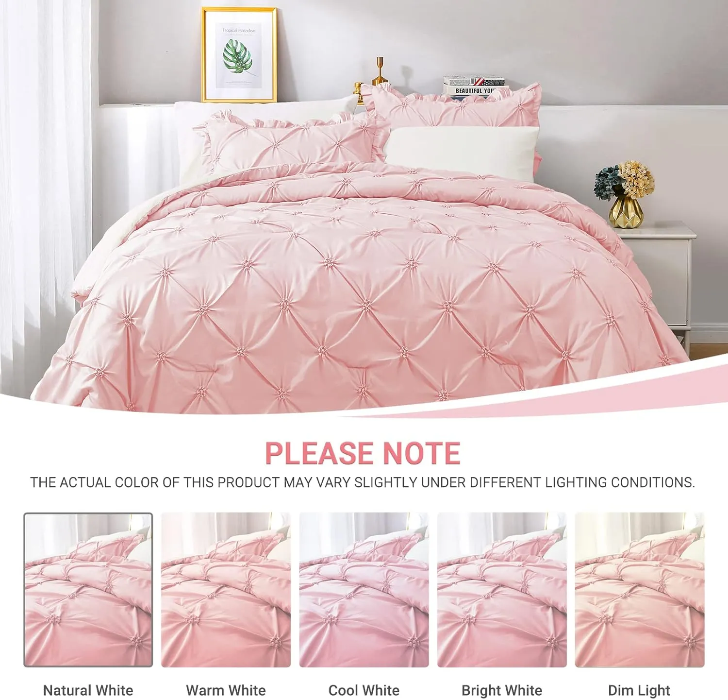 JOLLYVOGUE King Size Comforter Set 7 Pieces, Pink/Ivory Bed in a Bag Comforter Set for Bedroom, Beddding Sets with Comforter, Sheets,Ruffled Shams & Pillowcases