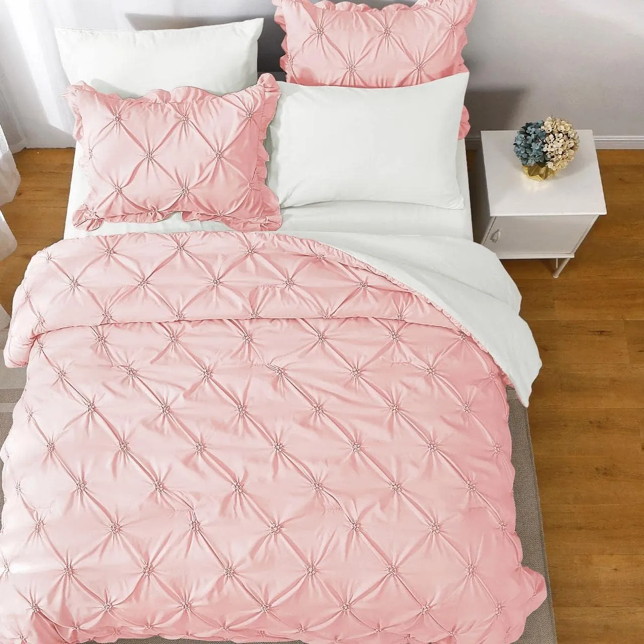 JOLLYVOGUE King Size Comforter Set 7 Pieces, Pink/Ivory Bed in a Bag Comforter Set for Bedroom, Beddding Sets with Comforter, Sheets,Ruffled Shams & Pillowcases