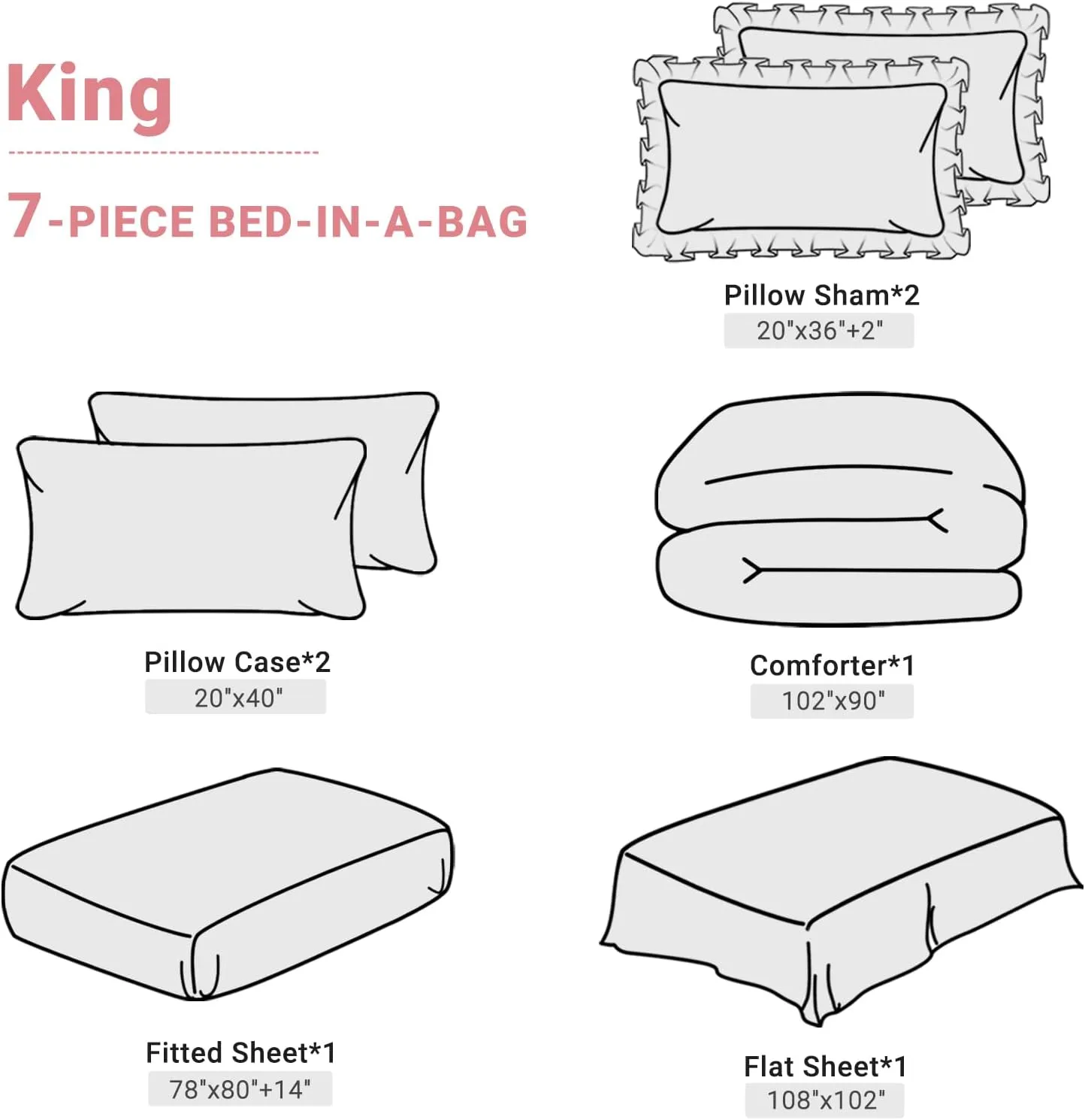 JOLLYVOGUE King Size Comforter Set 7 Pieces, Pink/Ivory Bed in a Bag Comforter Set for Bedroom, Beddding Sets with Comforter, Sheets,Ruffled Shams & Pillowcases