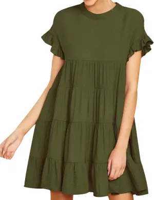 Joteisy Women’s Summer Ruffle Sleeve Round Neck Loose Fit Casual Swing Short Mini Dress