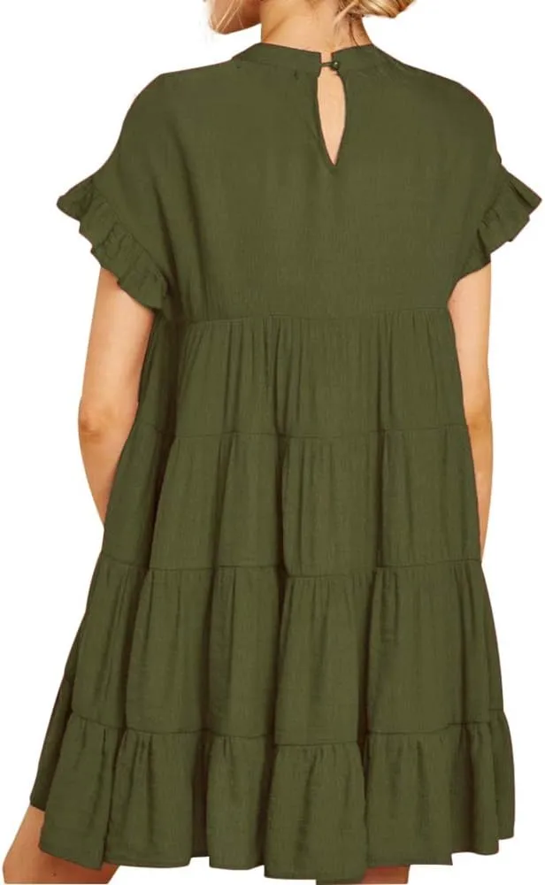 Joteisy Women’s Summer Ruffle Sleeve Round Neck Loose Fit Casual Swing Short Mini Dress