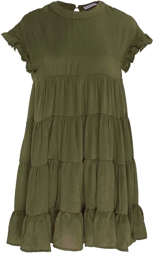 Joteisy Women’s Summer Ruffle Sleeve Round Neck Loose Fit Casual Swing Short Mini Dress