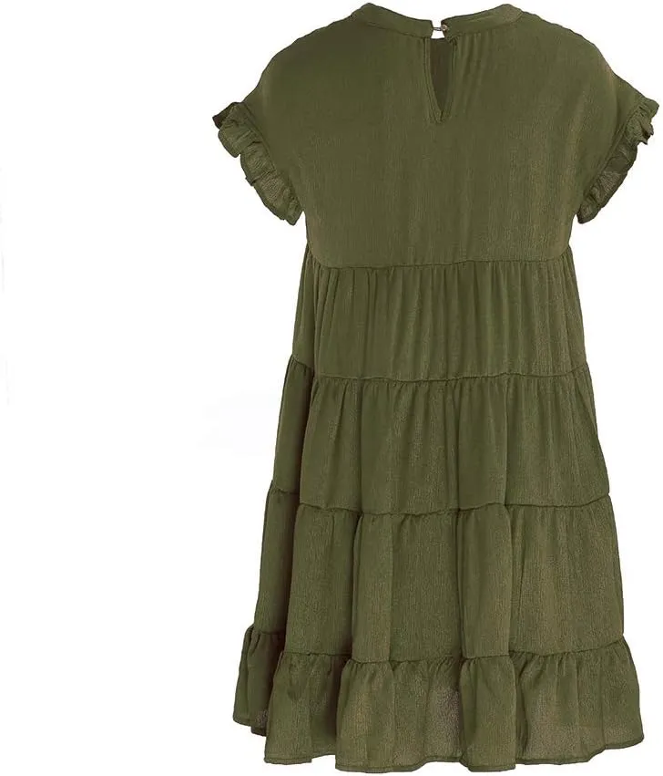 Joteisy Women’s Summer Ruffle Sleeve Round Neck Loose Fit Casual Swing Short Mini Dress