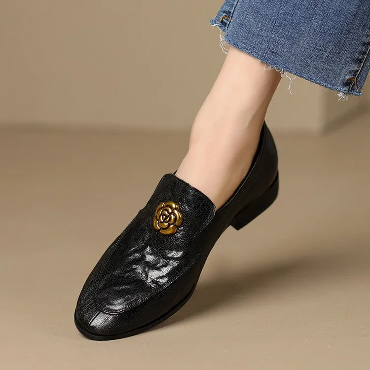 Ladies Round Toe Genuine Leather Flat Loafers