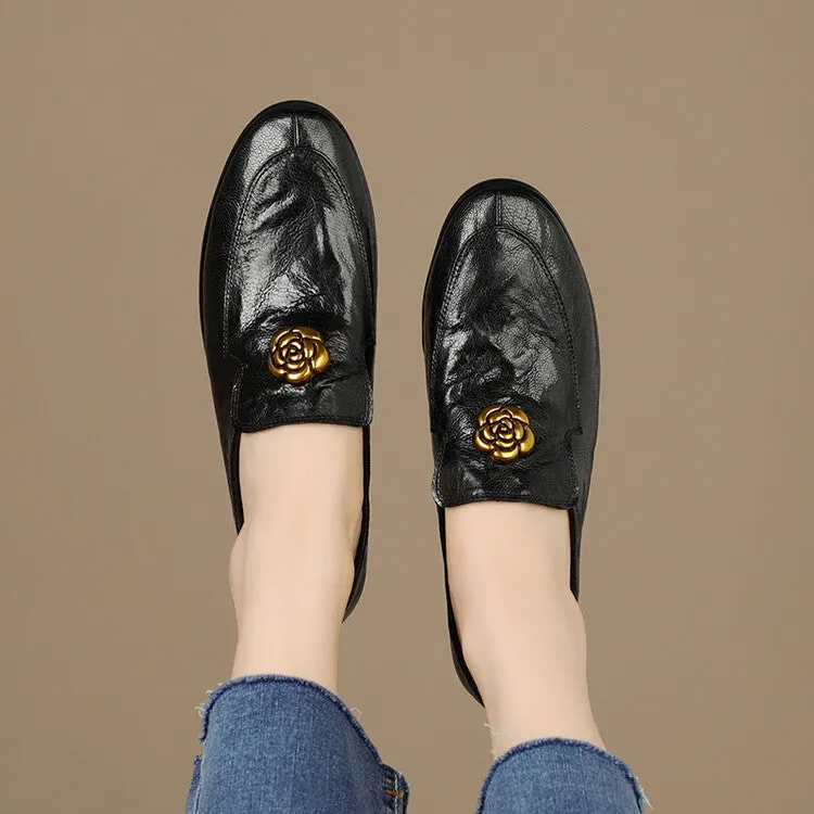 Ladies Round Toe Genuine Leather Flat Loafers