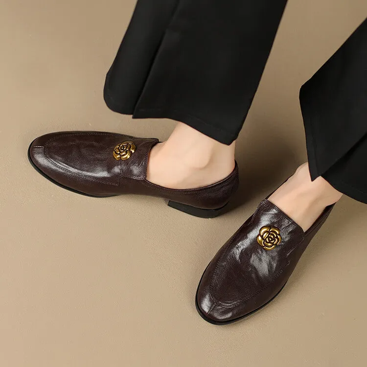 Ladies Round Toe Genuine Leather Flat Loafers
