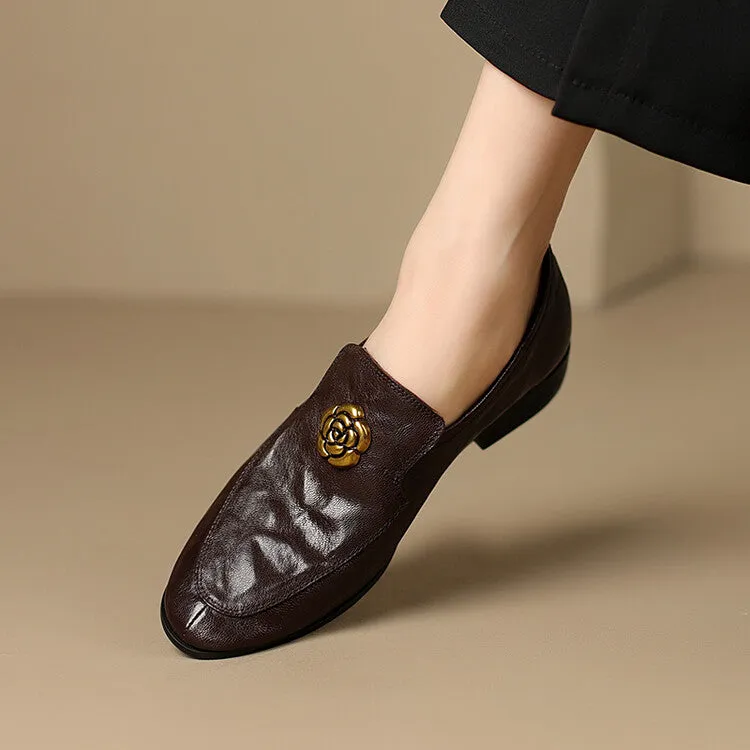 Ladies Round Toe Genuine Leather Flat Loafers