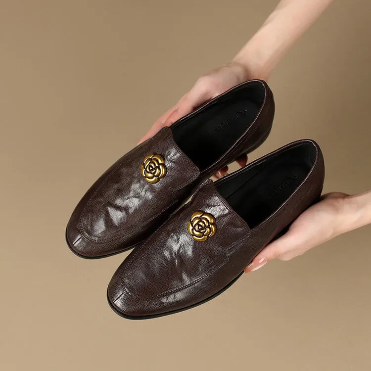 Ladies Round Toe Genuine Leather Flat Loafers