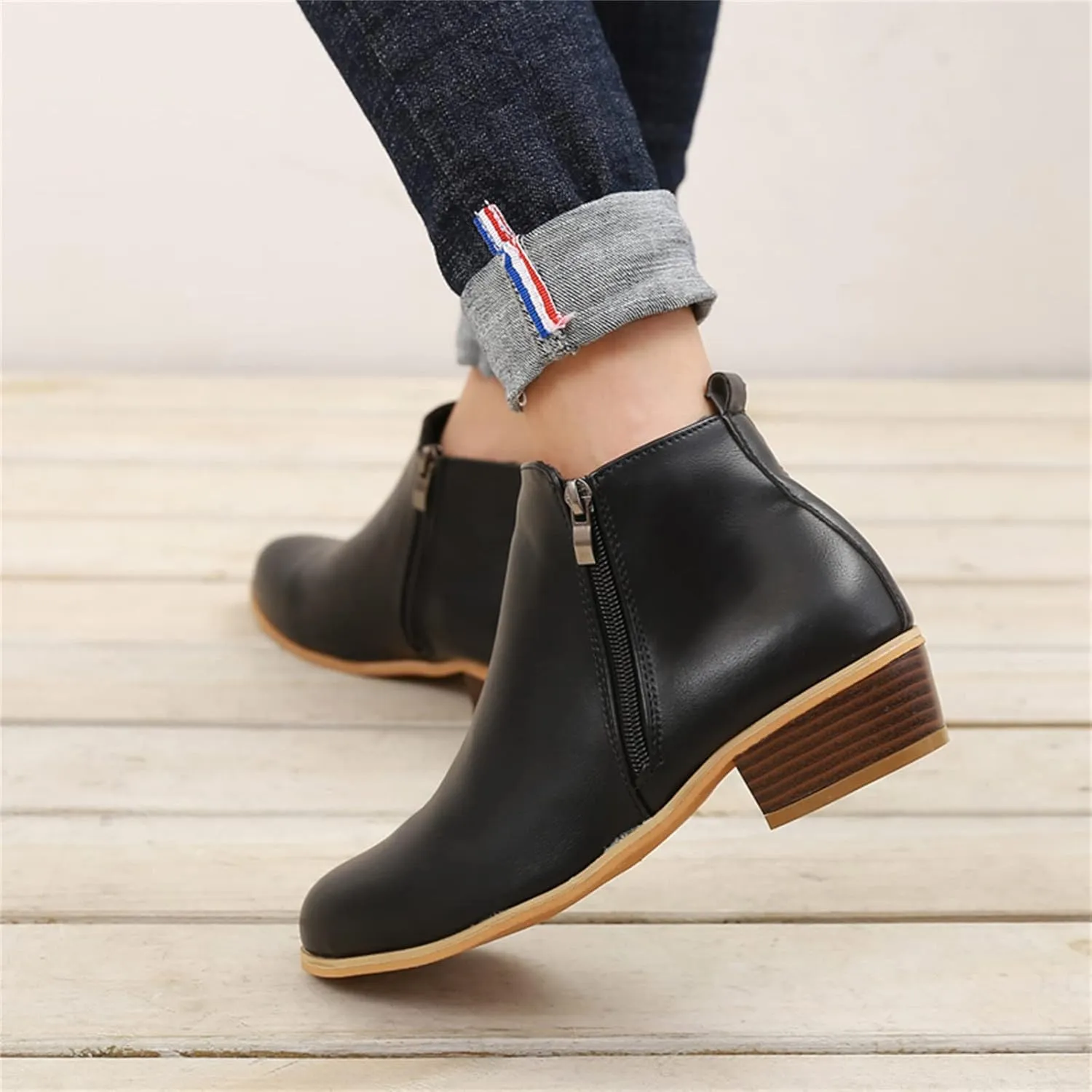 Ladmiple Ankle Boots For Women Low Heel Wide Width Chunky Block Heel Fall Winter Short Booties Cowboy Cowgirl Western Shoes