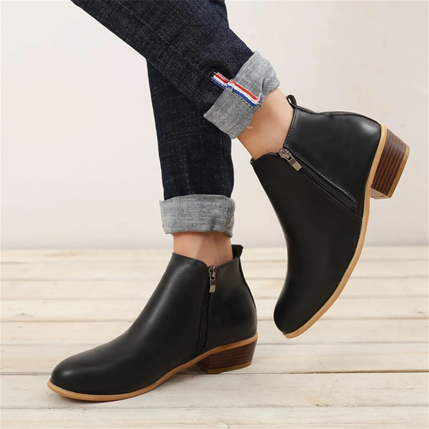 Ladmiple Ankle Boots For Women Low Heel Wide Width Chunky Block Heel Fall Winter Short Booties Cowboy Cowgirl Western Shoes