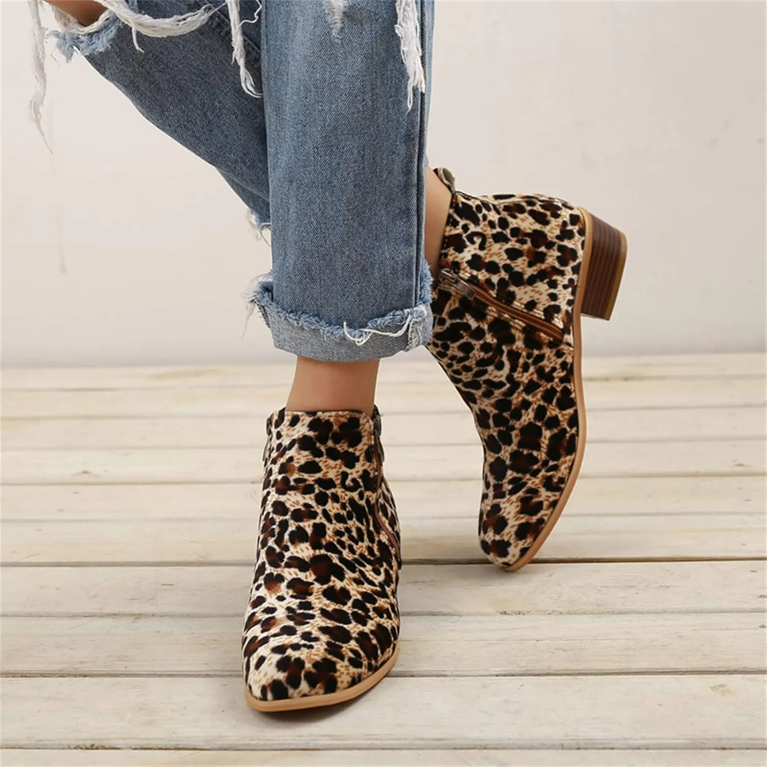 Ladmiple Ankle Boots For Women Low Heel Wide Width Chunky Block Heel Fall Winter Short Booties Cowboy Cowgirl Western Shoes