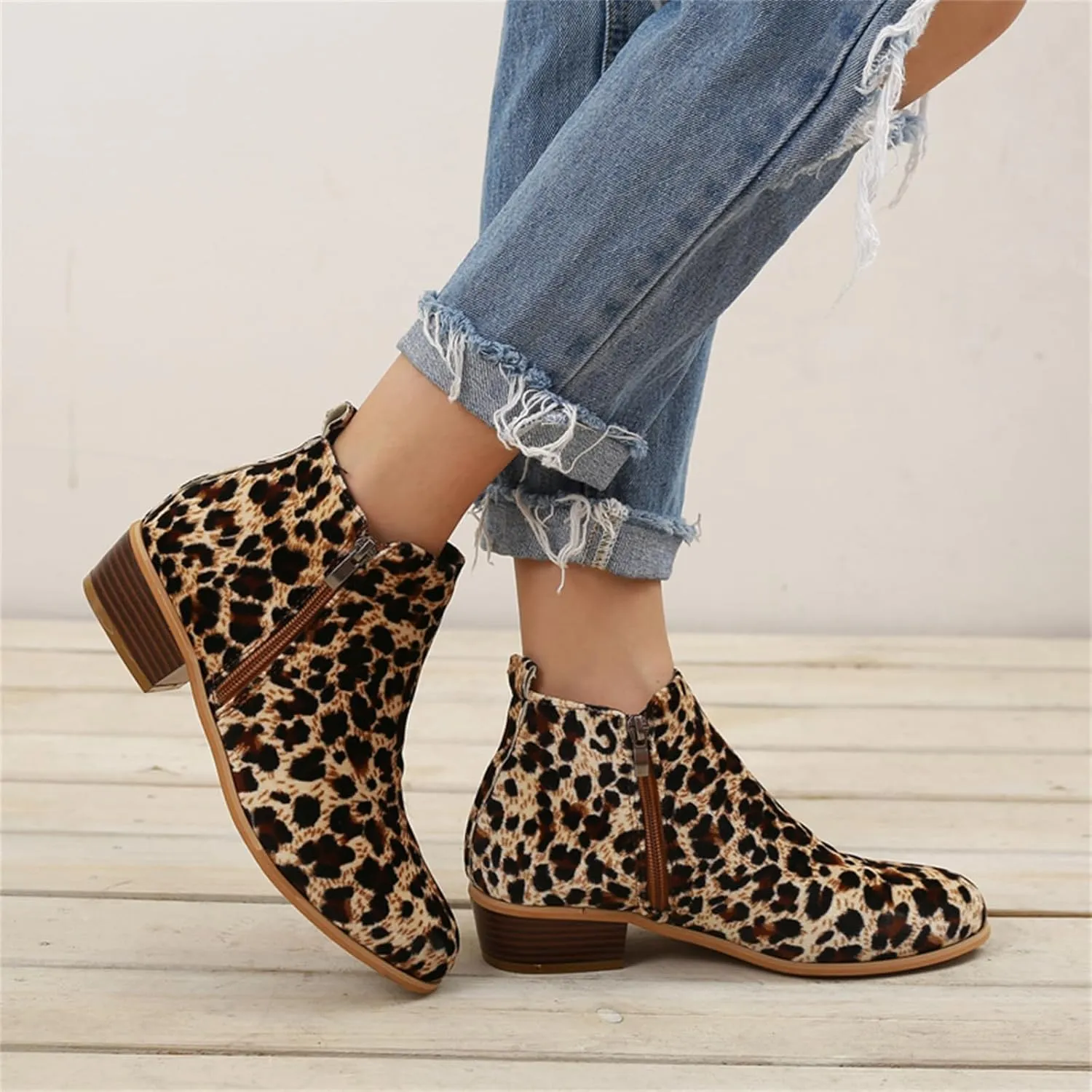 Ladmiple Ankle Boots For Women Low Heel Wide Width Chunky Block Heel Fall Winter Short Booties Cowboy Cowgirl Western Shoes