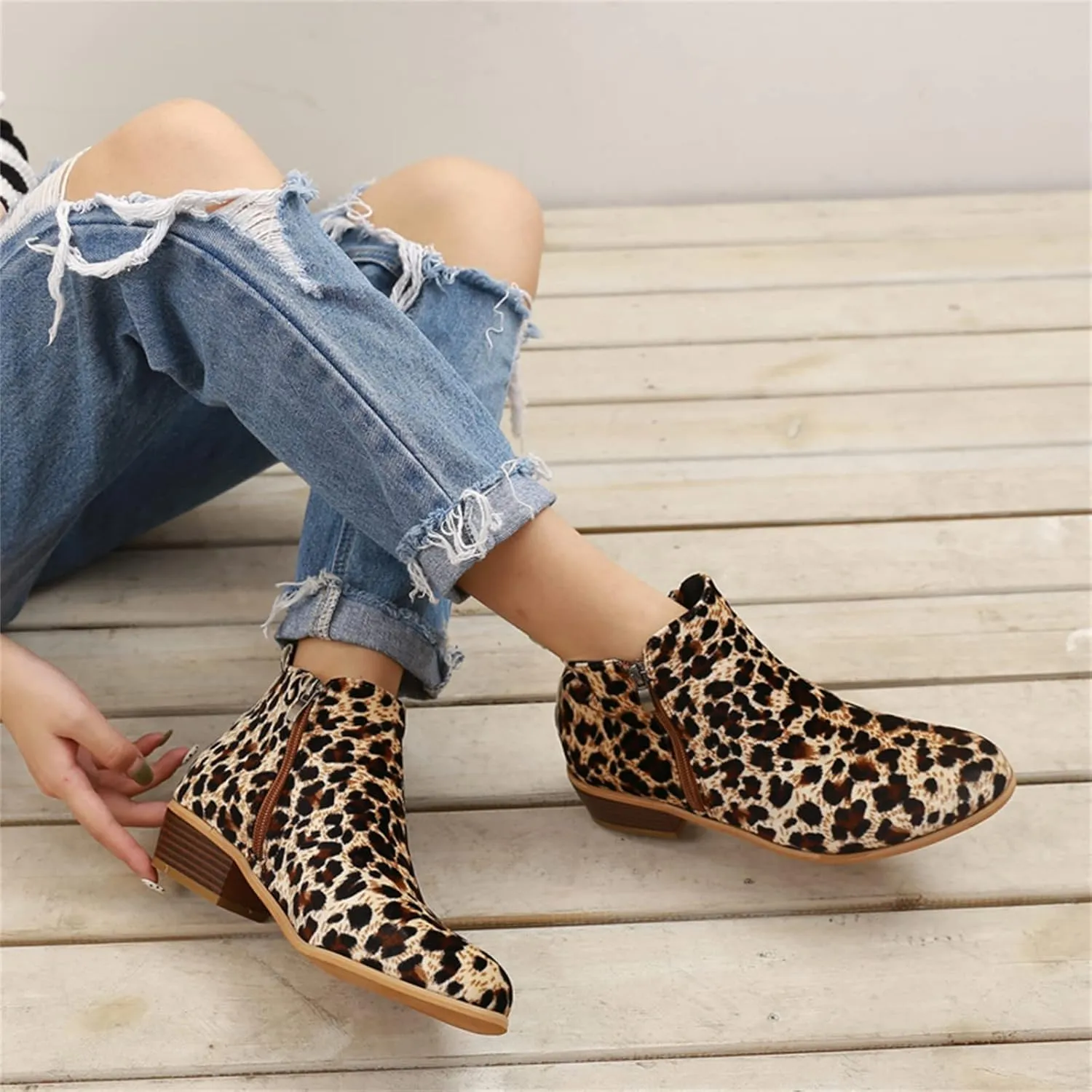 Ladmiple Ankle Boots For Women Low Heel Wide Width Chunky Block Heel Fall Winter Short Booties Cowboy Cowgirl Western Shoes