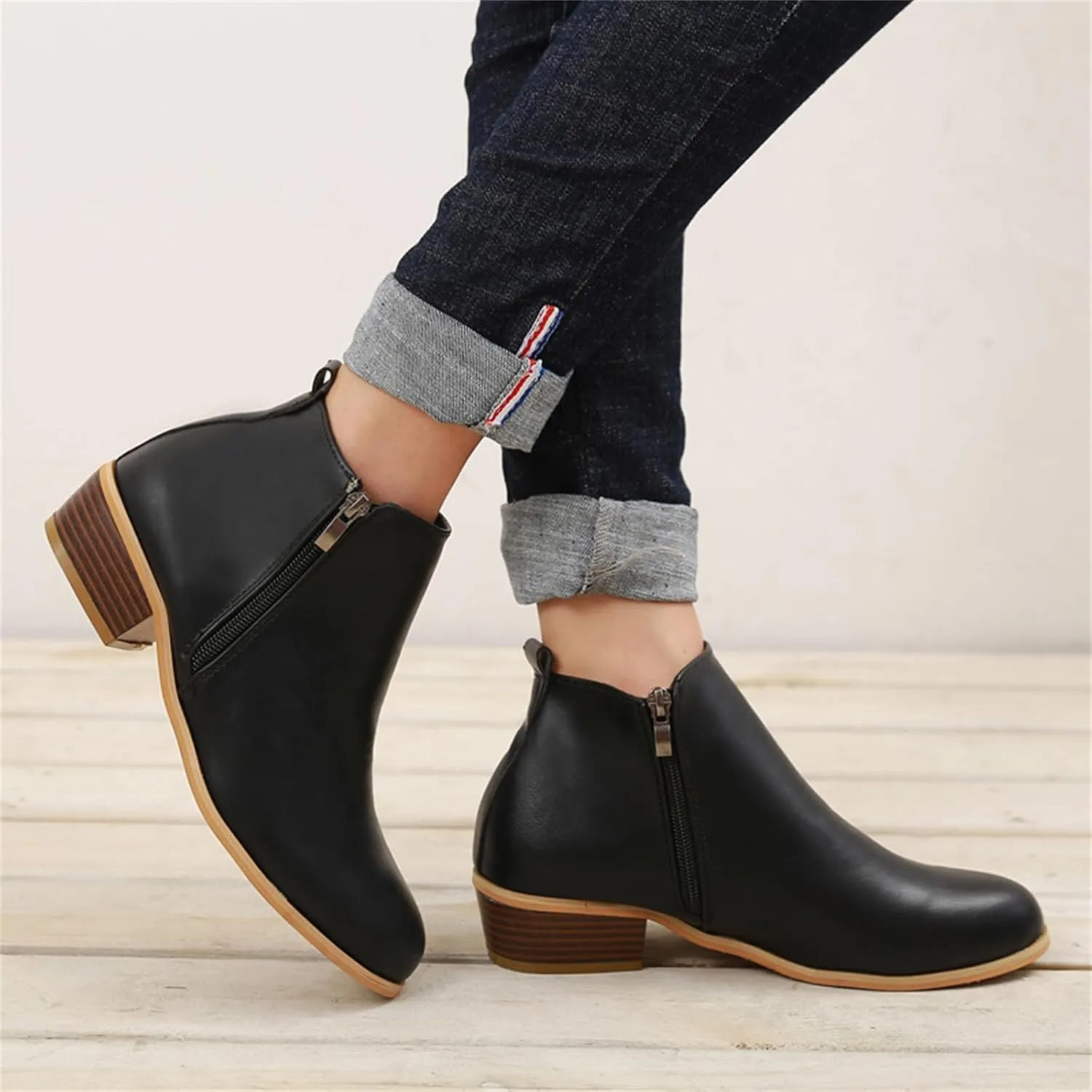 Ladmiple Ankle Boots For Women Low Heel Wide Width Chunky Block Heel Fall Winter Short Booties Cowboy Cowgirl Western Shoes