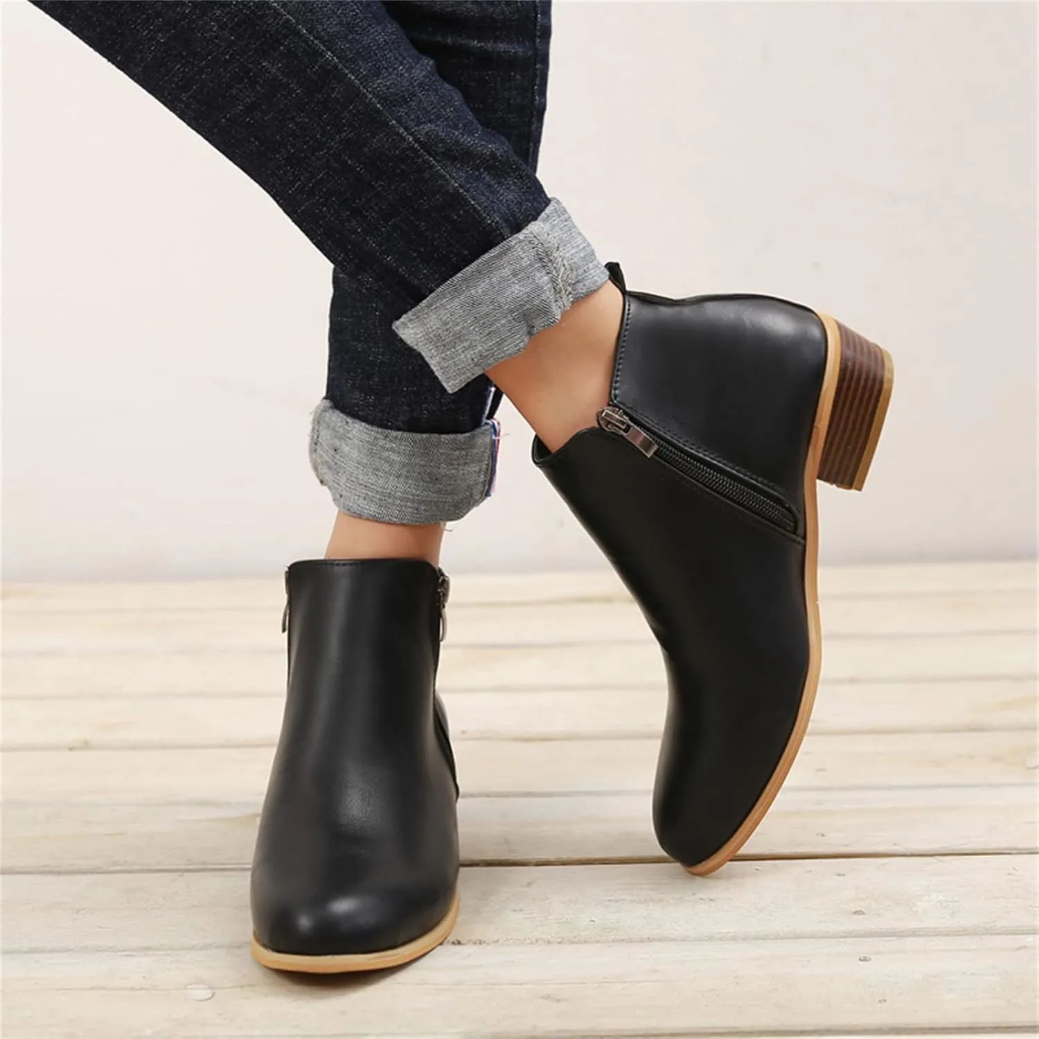 Ladmiple Ankle Boots For Women Low Heel Wide Width Chunky Block Heel Fall Winter Short Booties Cowboy Cowgirl Western Shoes
