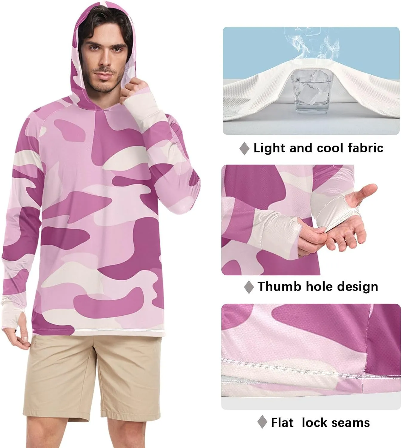 Lilac Men's Sun Protection Hoodie Long Sleeve Sun Shirt with Hood UPF 50  Fishing Shirtss for Men Rash Guard Men UV