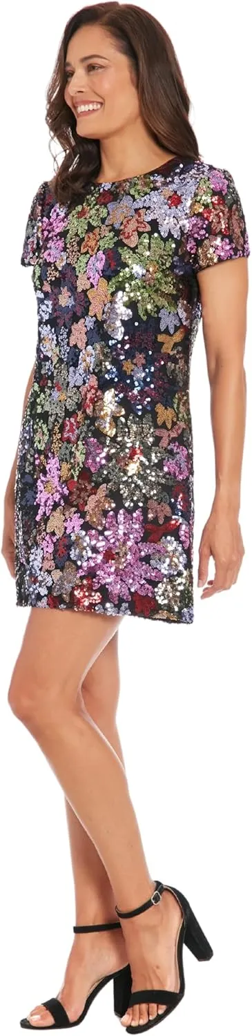 London Times Women's Sequin Floral Shift Short Sleeve Round Neck Above Knee Length Cocktail Party Wedding Guest Dresses