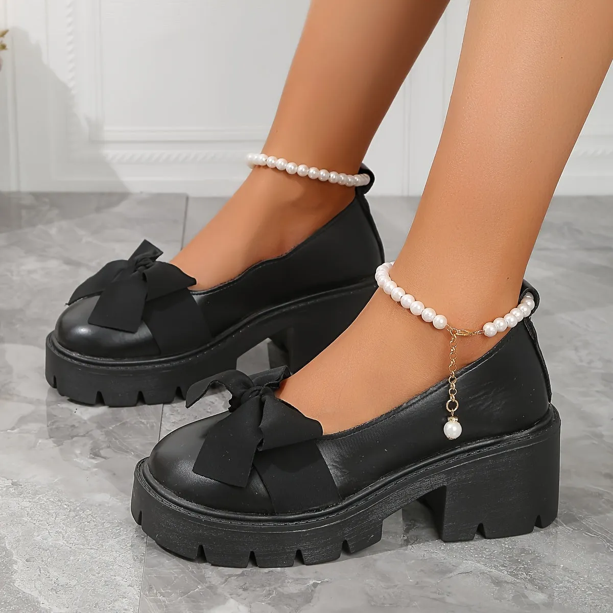 Luxurious Women's Solid Color Loafers - Soft Sole, Platform, Slip-On, Bowknot, Chunky Heel, Round Toe, Preppy, Comfortable, Versatile, Easy to Match - Elevate Your Style with These Elegant Shoes