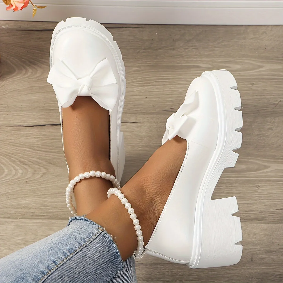 Luxurious Women's Solid Color Loafers - Soft Sole, Platform, Slip-On, Bowknot, Chunky Heel, Round Toe, Preppy, Comfortable, Versatile, Easy to Match - Elevate Your Style with These Elegant Shoes