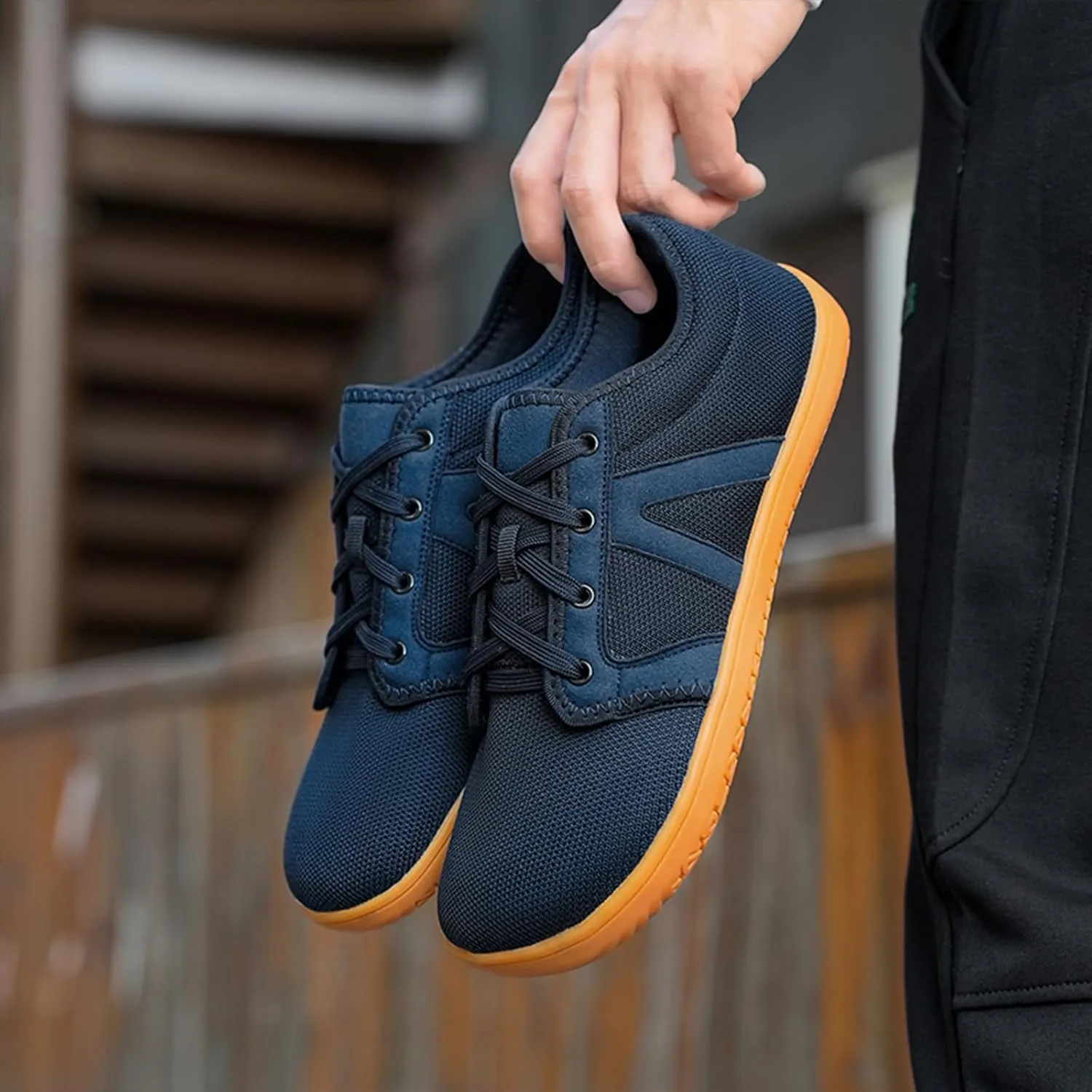 Men's Barefoot Friendly Knit Sneakers Minimalist Zero Drop Sole Wide Toe Box Lace-Up Anti-Slip Comfort Lightweight Low Top Shoes for Walking Driving & Outdoor