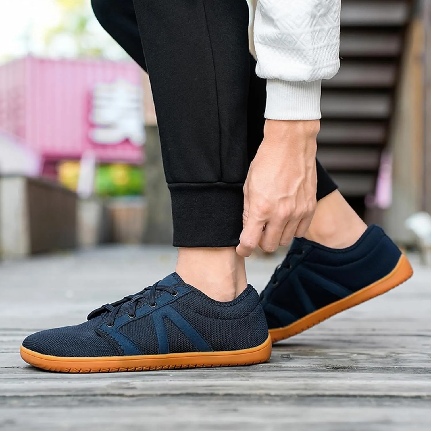 Men's Barefoot Friendly Knit Sneakers Minimalist Zero Drop Sole Wide Toe Box Lace-Up Anti-Slip Comfort Lightweight Low Top Shoes for Walking Driving & Outdoor