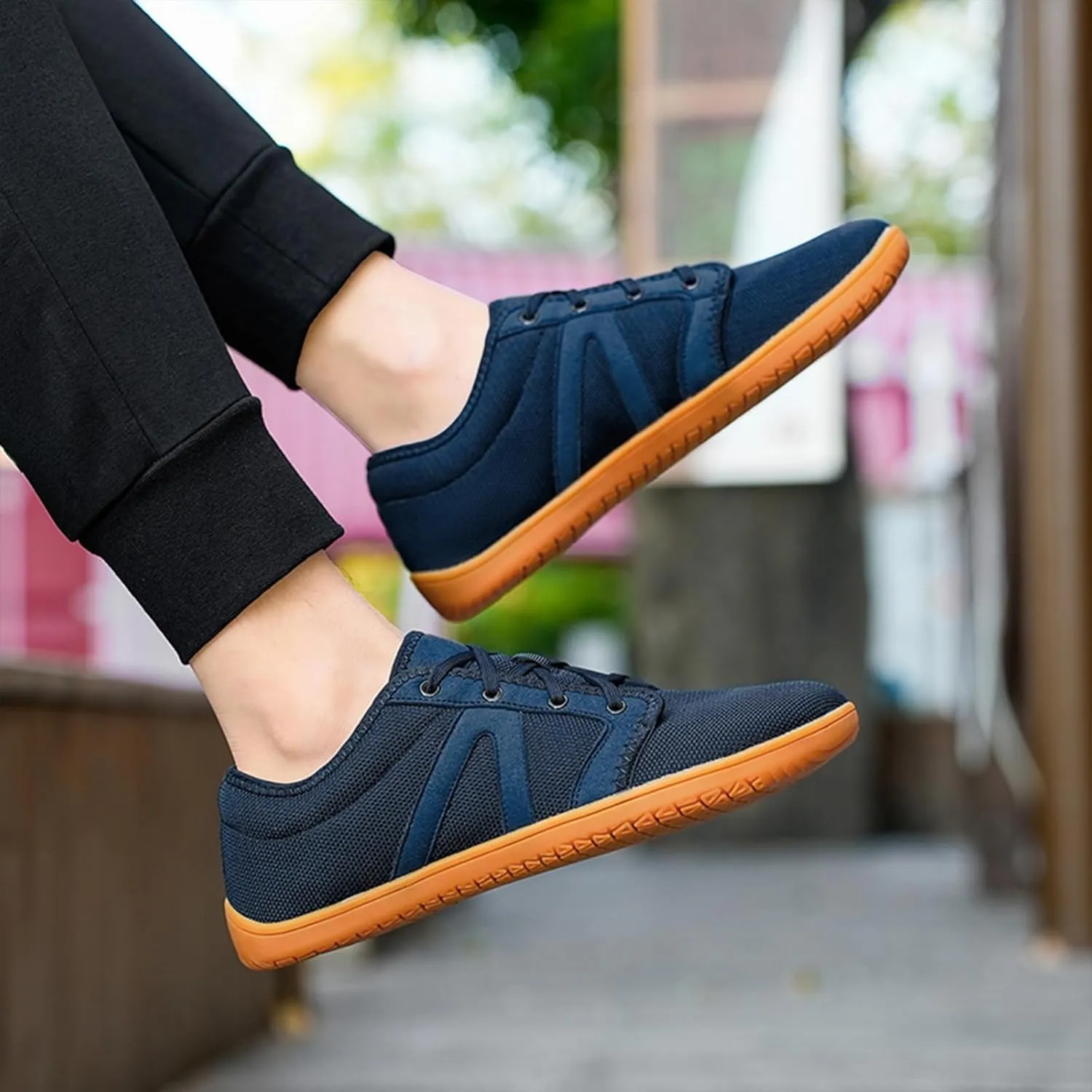 Men's Barefoot Friendly Knit Sneakers Minimalist Zero Drop Sole Wide Toe Box Lace-Up Anti-Slip Comfort Lightweight Low Top Shoes for Walking Driving & Outdoor