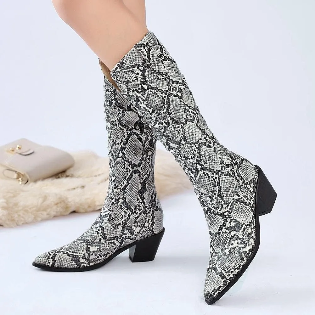 mikarka Cowboy Boots for Women Modern Western Pointed Toe Chunky Block Snakeskin Cowgirl Mid-calf Boots with Pull-up Tabs