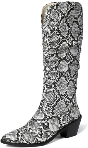 mikarka Cowboy Boots for Women Modern Western Pointed Toe Chunky Block Snakeskin Cowgirl Mid-calf Boots with Pull-up Tabs