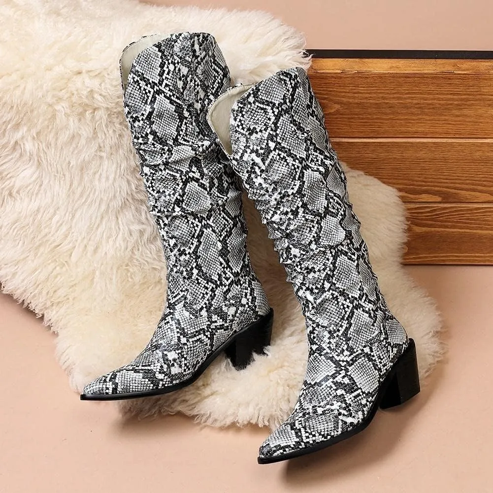 mikarka Cowboy Boots for Women Modern Western Pointed Toe Chunky Block Snakeskin Cowgirl Mid-calf Boots with Pull-up Tabs
