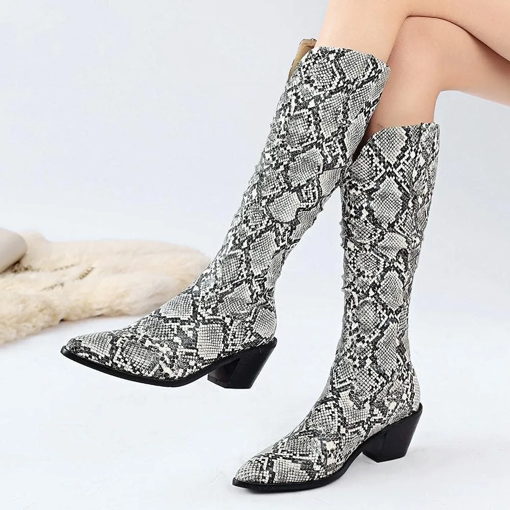 mikarka Cowboy Boots for Women Modern Western Pointed Toe Chunky Block Snakeskin Cowgirl Mid-calf Boots with Pull-up Tabs
