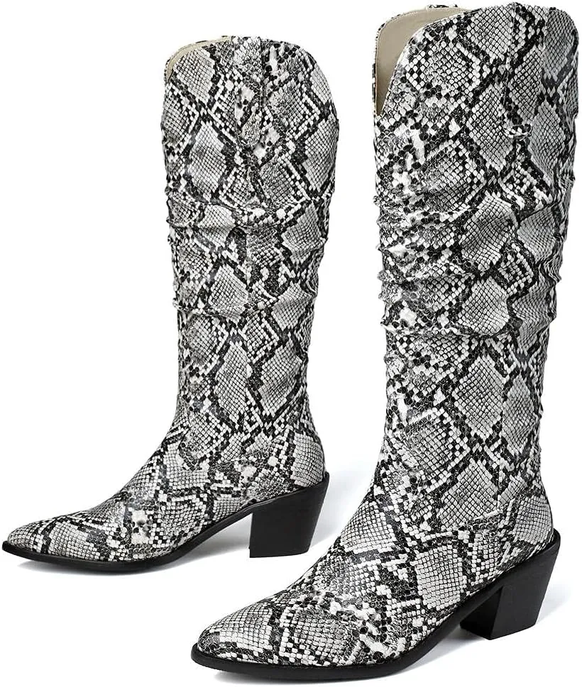mikarka Cowboy Boots for Women Modern Western Pointed Toe Chunky Block Snakeskin Cowgirl Mid-calf Boots with Pull-up Tabs