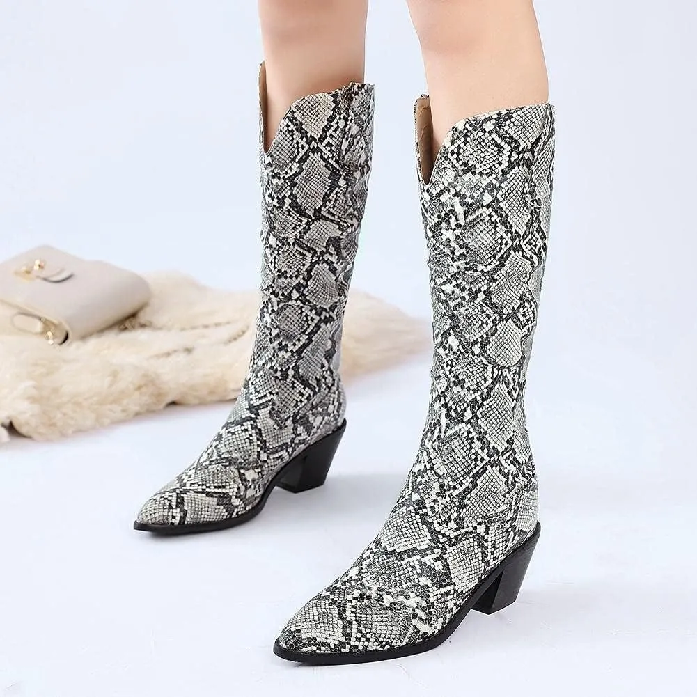 mikarka Cowboy Boots for Women Modern Western Pointed Toe Chunky Block Snakeskin Cowgirl Mid-calf Boots with Pull-up Tabs